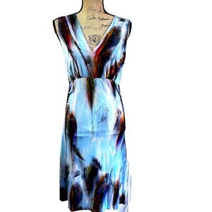 CREOLA Women A-Line Dress Sz 44/8 Multicolor Abstract Print Stretch V-Neck Italy